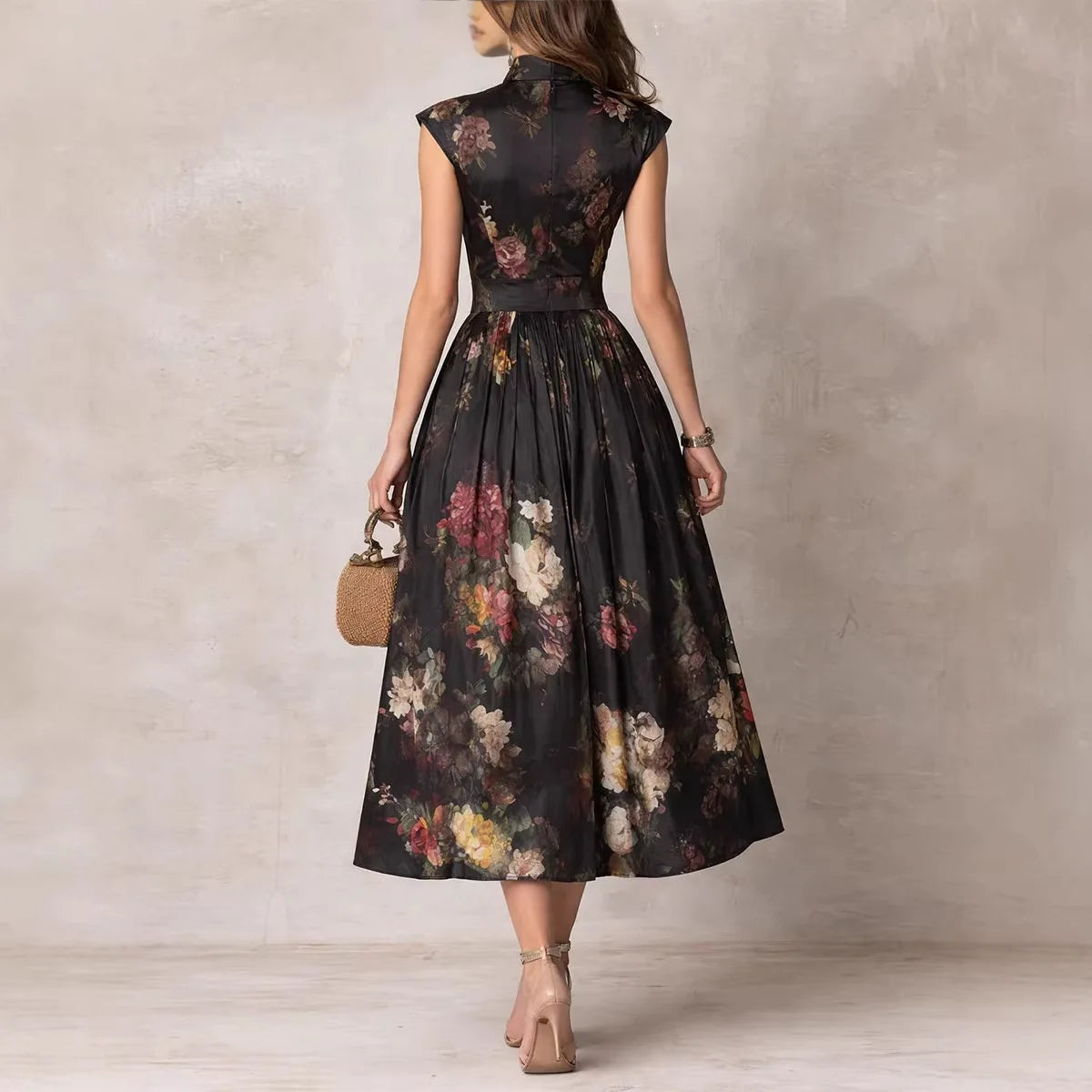 2026 Spring New Women's Sleeveless Black Digital Print Long Skirt Three-dimensional Flower Slim Dress for Women