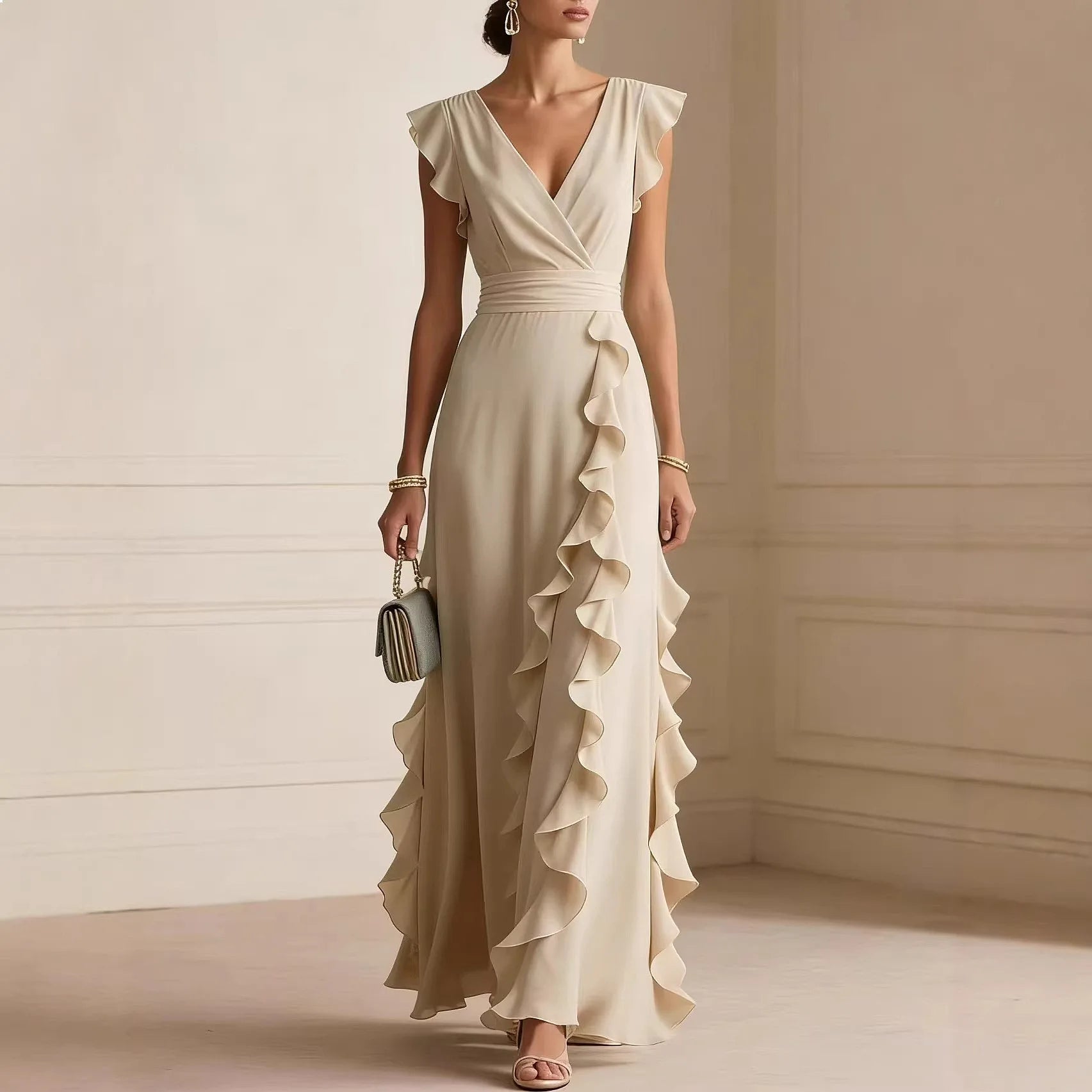 V-Neck Pleated Short Sleeve Solid Maxi Dress