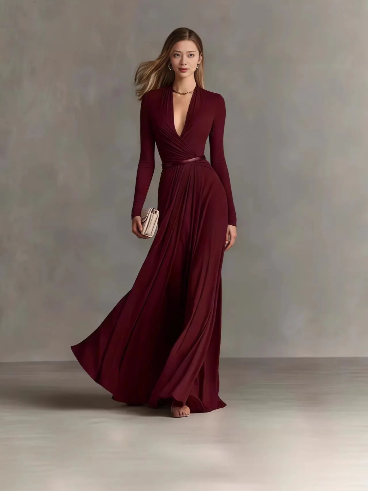 Deep-V Long Sleeve Ruched Waist Maxi Gown