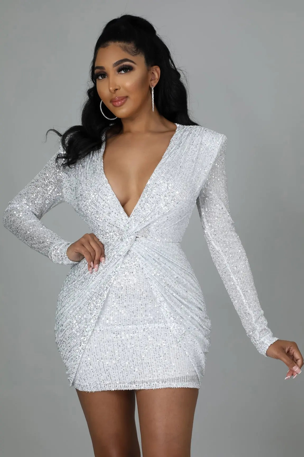 Sequin V-Neck Pleated Mini Dress