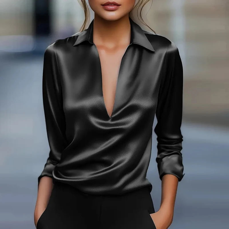 Loose V-Neck Long Sleeve Solid Broadcloth Blouse