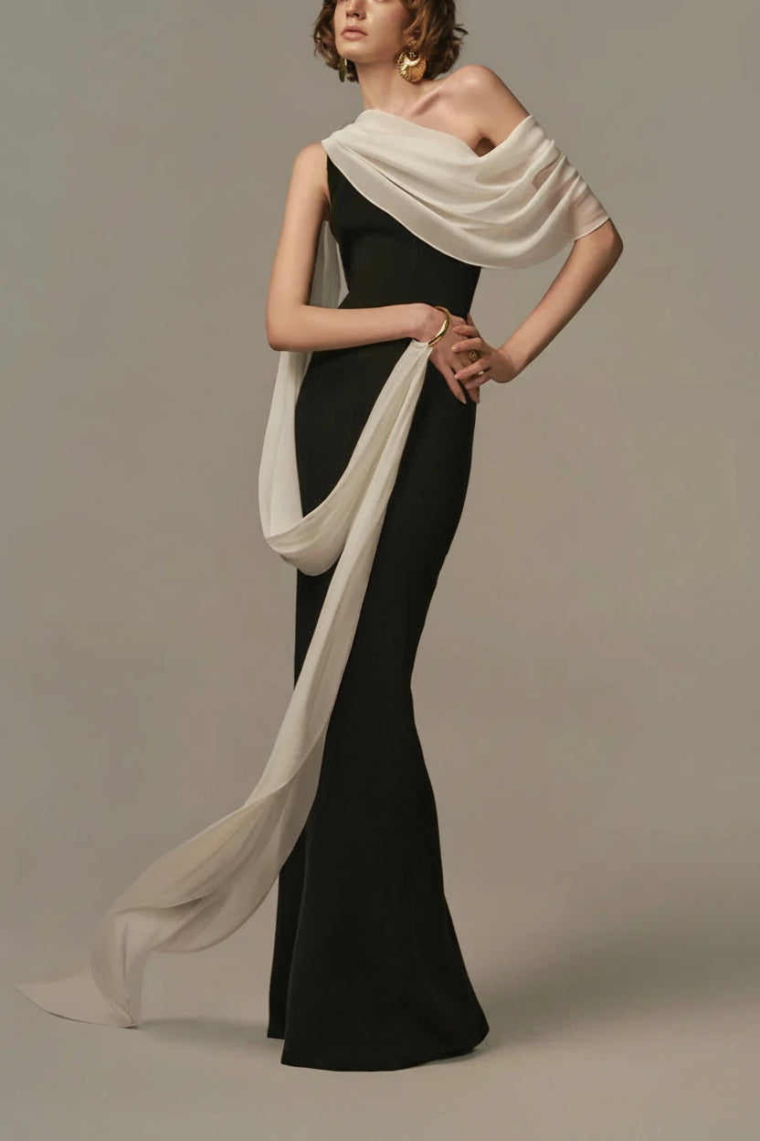 Two-Tone One-Shoulder Satin Prom Gown