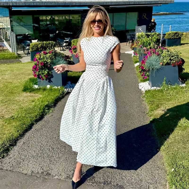 Vintage Polka Dot High-Waist Sleeveless Maxi Dress