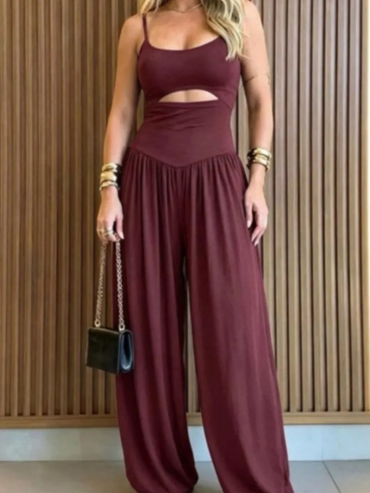 Cami Hollow-Out Waist Backless Tie-Back Slim Wide-Leg Jumpsuit