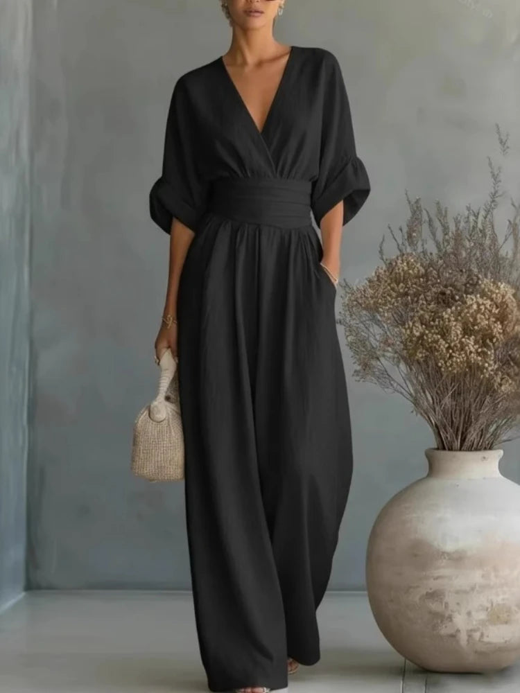 New Women's Jumpsuit Fashion High Waist V-neck Jumpsuits Solid Color Casual Office Wide Leg Trousers Overalls Vacation Outfit