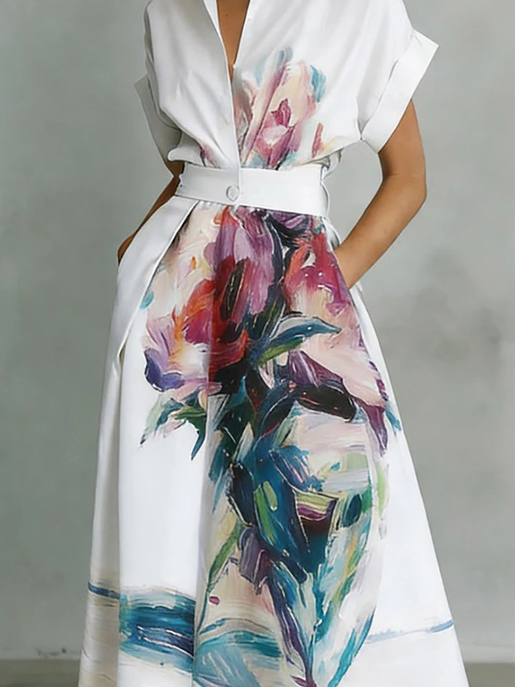 New Fashion Print Maxi Dress Women Summer Short Sleeve Turn-Down Collar Holiday Party Dress Button Patchwork Casual Ladies Dress