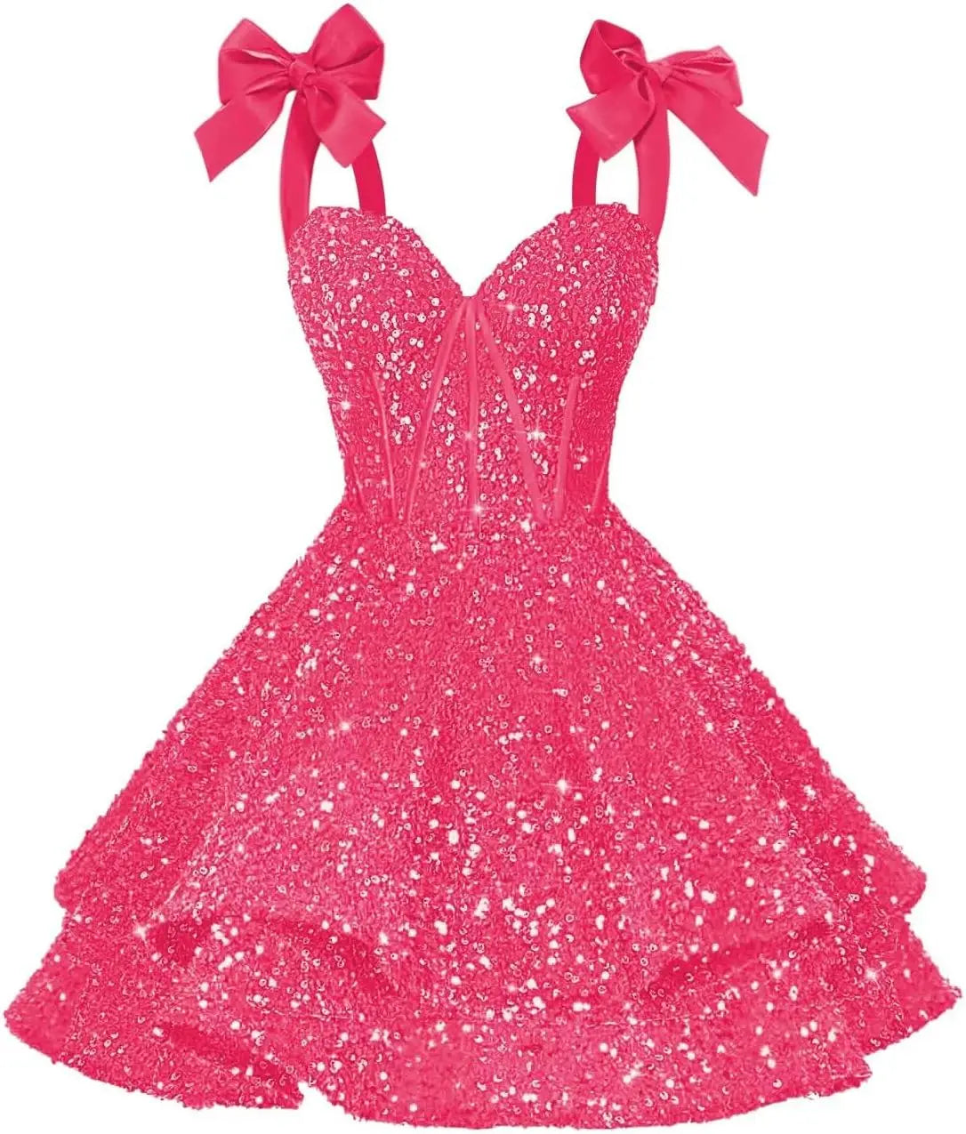 Sparkly Sequin Bows Homecoming Dresses 2026 Short Spaghetti Straps Tiered Satin Sweet Prom Cocktail Dress Graduation Dress