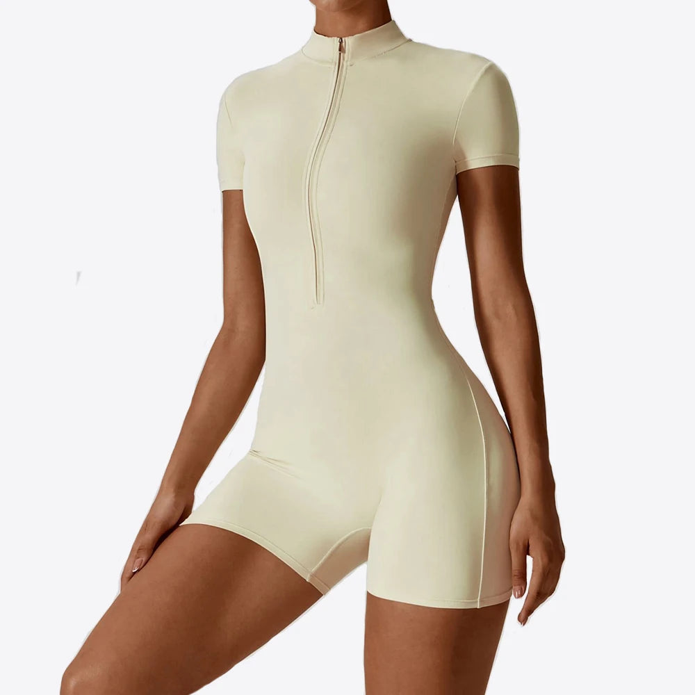 Short Sleeve Slim Fit Stretch Zip-Up Yoga Playsuit