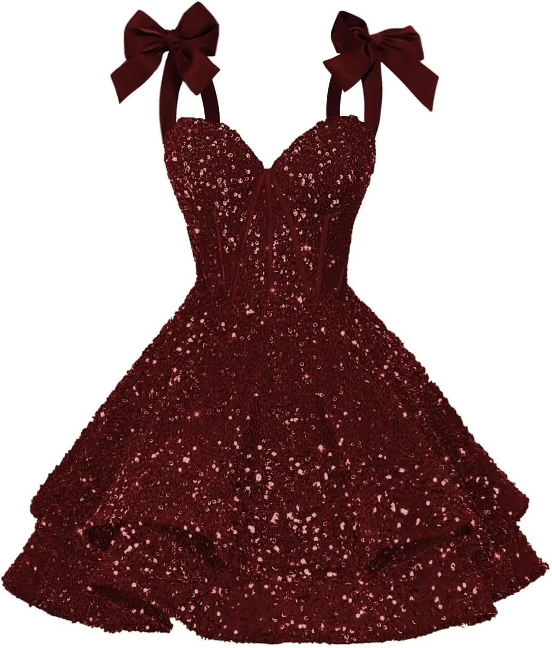 Sparkly Sequin Bows Homecoming Dresses 2026 Short Spaghetti Straps Tiered Satin Sweet Prom Cocktail Dress Graduation Dress