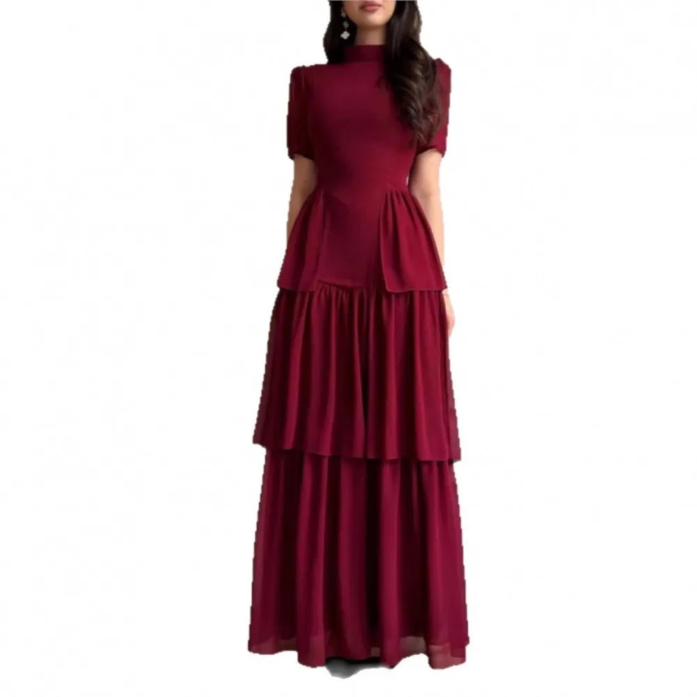 Tiered Pleated Round-Neck Midi Dress