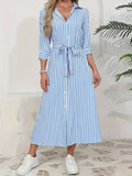 Women Blue White Vertical Striped Shirt Midi Dress 2026 New Turn Down Collar Button Front Belt Waist Tie Waist 3/4 Sleeve Split