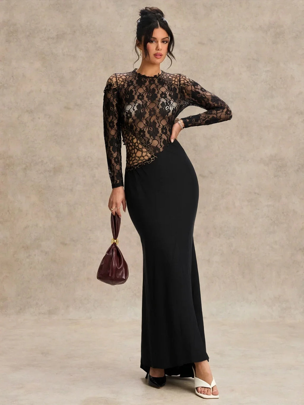 Women's Lace Fishtail Bodycon Maxi Dress Elegant Classy Fall Long Sleeve Mock Neck Cocktail Patchwork Dress See Through