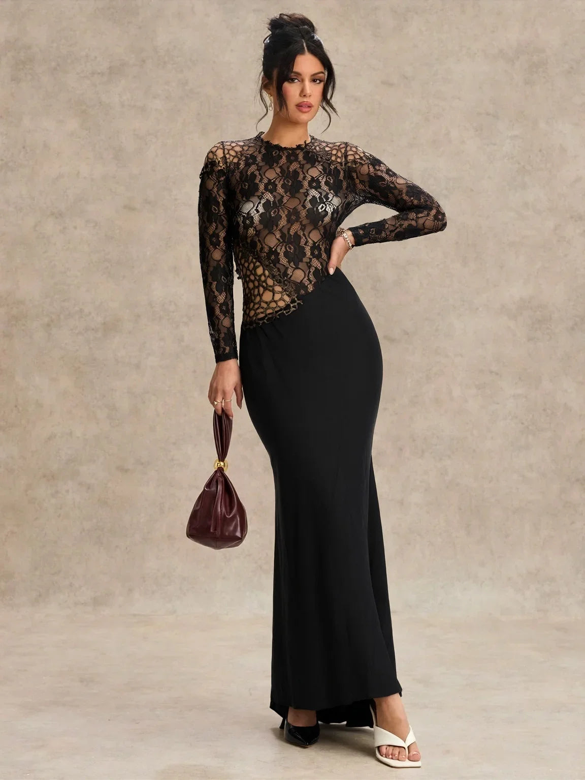Women's Lace Fishtail Bodycon Maxi Dress Elegant Classy Fall Long Sleeve Mock Neck Cocktail Patchwork Dress See Through