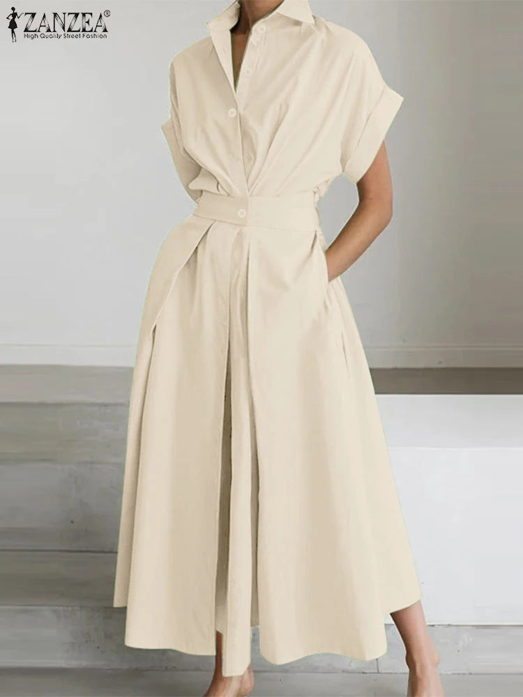 ZANZEA Fashion Women Collared Shirtdress Elegant Short Sleeve Elastic Wasit A-Line Maxi Dresses Summer Casual Robes Streetwear