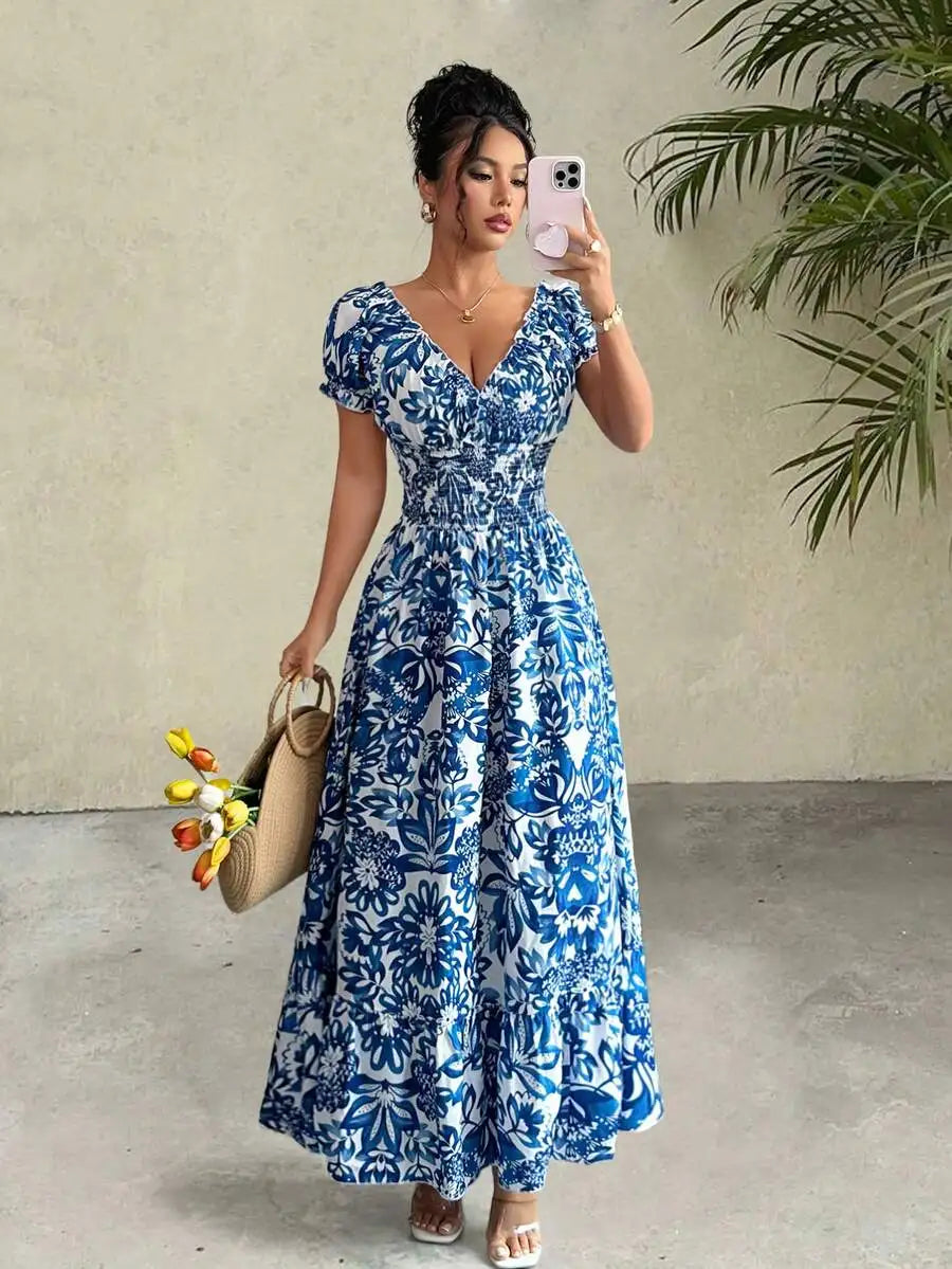 Floral Puff Sleeve Open Back Shirred Maxi Dress
