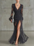 Black Lace Mermaid Evening Dress – V-Neck, Long Sleeve