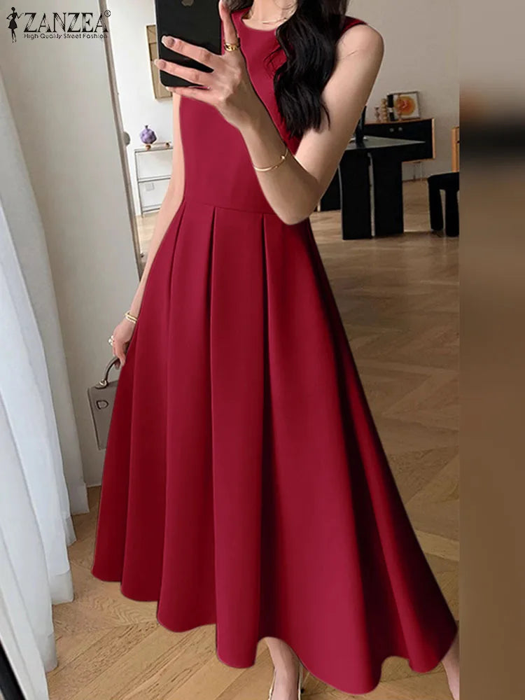 ZANZEA Women Sleeveless Pleated Dress 2025 Summer Korean A-line Tank Evening Dress Elegant Swing Vestido Vintage Party Long Robe