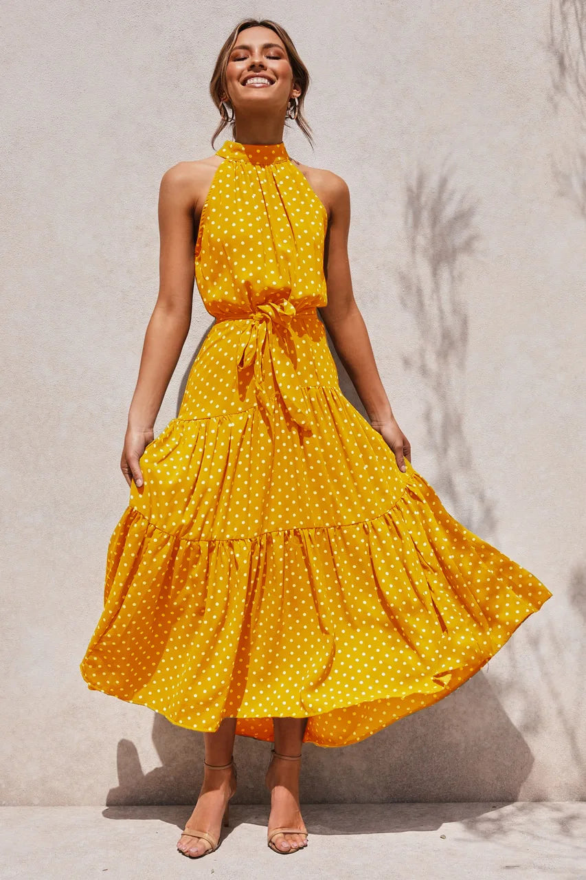 Printed Halter Neck Lace-Up Maxi Dress