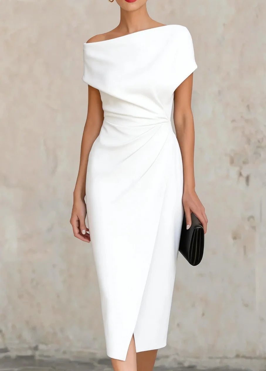 2026 Summer Women's New One-shoulder Waist Pleated Dress Banquet Commuting Slit Dress