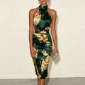 Halter Neck Satin Ruched Pencil Dress