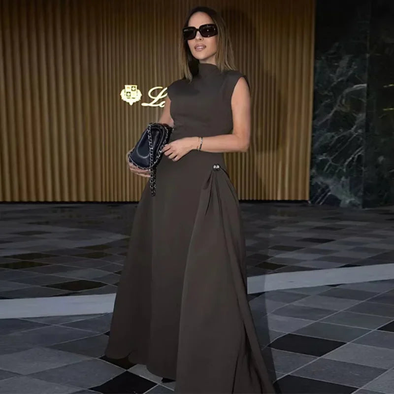 Elegant Black Long Dress Women Fashion High Collor Sleeveless Pleat Irregular Dresses 2025 Spring Summer Party Lady Evening Robe