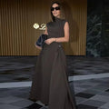 Elegant Black Long Dress Women Fashion High Collor Sleeveless Pleat Irregular Dresses 2025 Spring Summer Party Lady Evening Robe