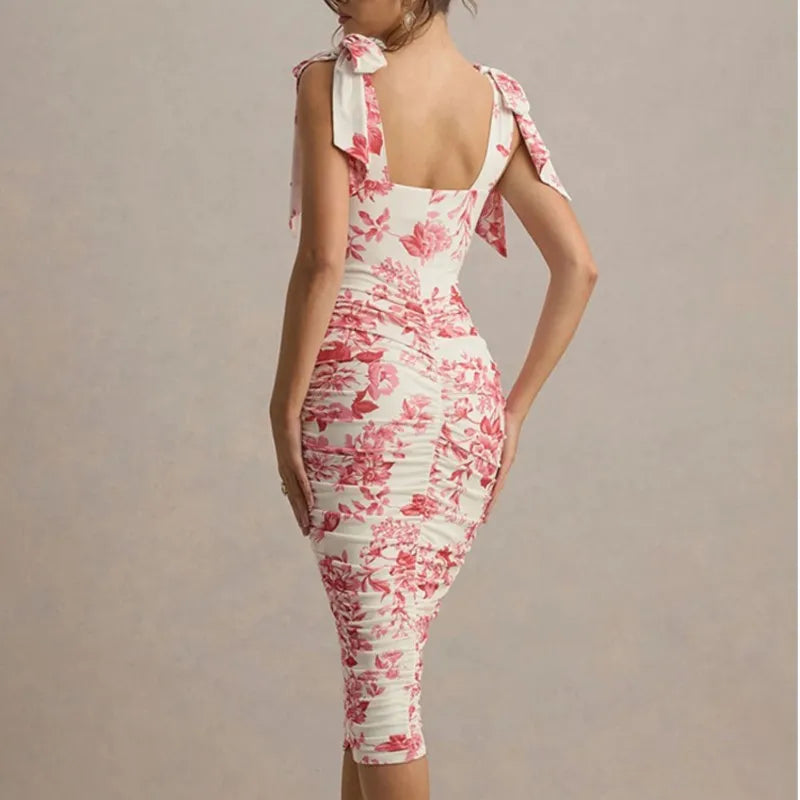 Retro Print Pleated Square Neck Midi Dress – Sleeveless, Slim