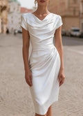 Elegant Cowl Neck Short Sleeve Fitted Midi Dress With Draped Waist Detail For Women Formal Evening Occasion