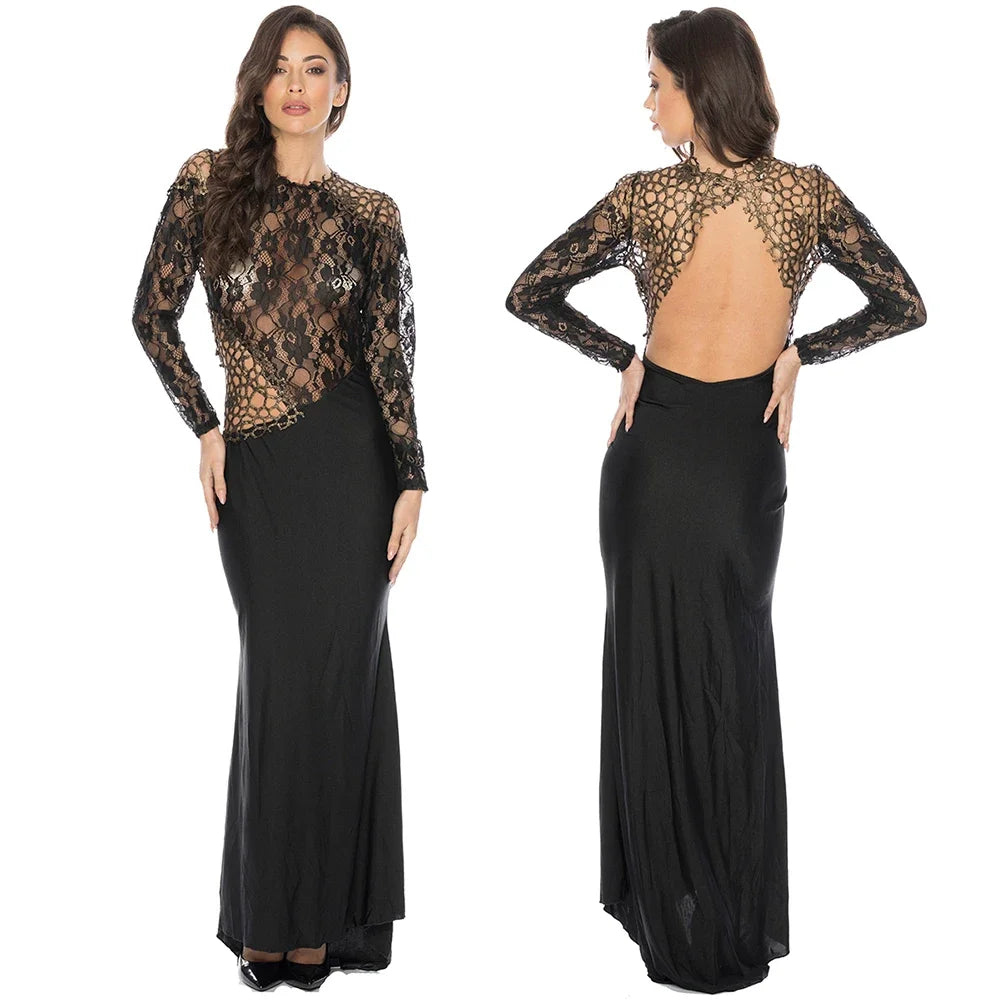 Women's Lace Fishtail Bodycon Maxi Dress Elegant Classy Fall Long Sleeve Mock Neck Cocktail Patchwork Dress See Through
