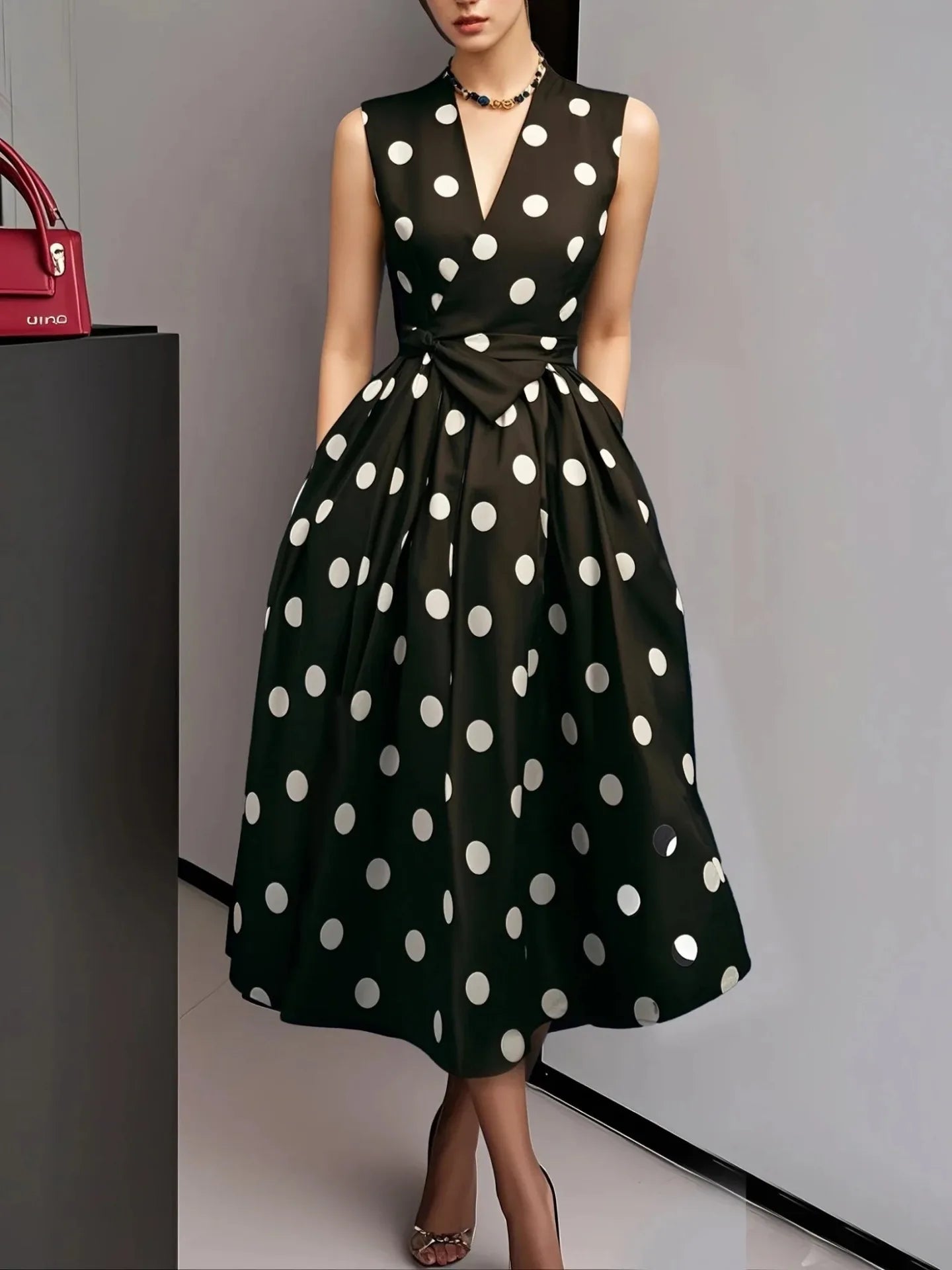 French Polka Dot Dress 2025 Summer Retro New Style Elegant Waist-cinching Dress for Women Sleeveless V-Neck Lace-up Dress