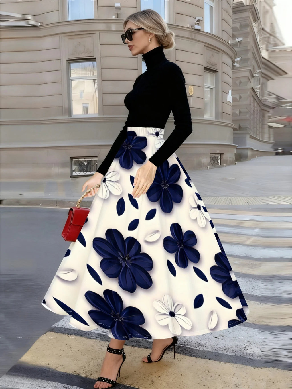 Blue White Floral A-Line Skirt