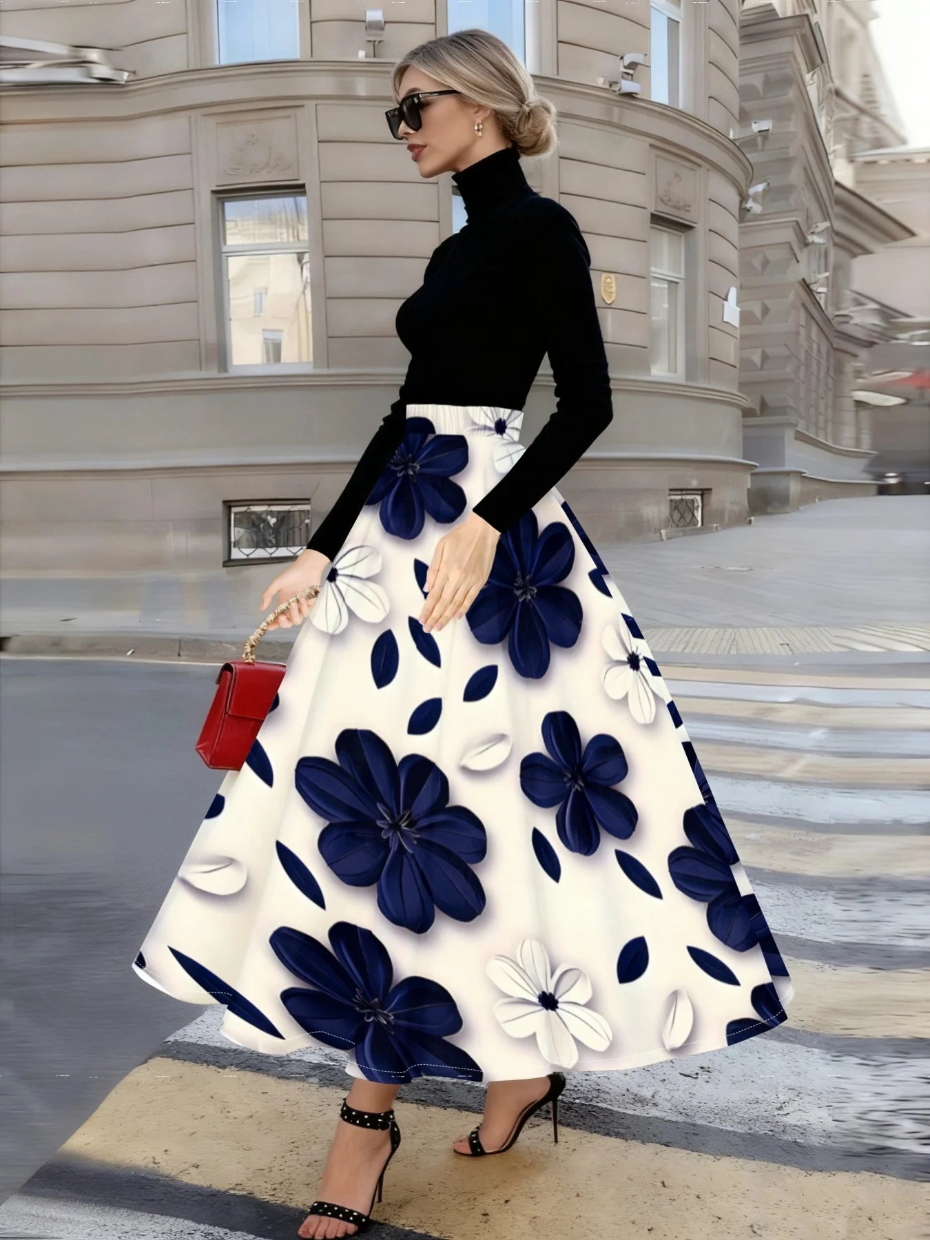 Blue White Floral A-Line Skirt