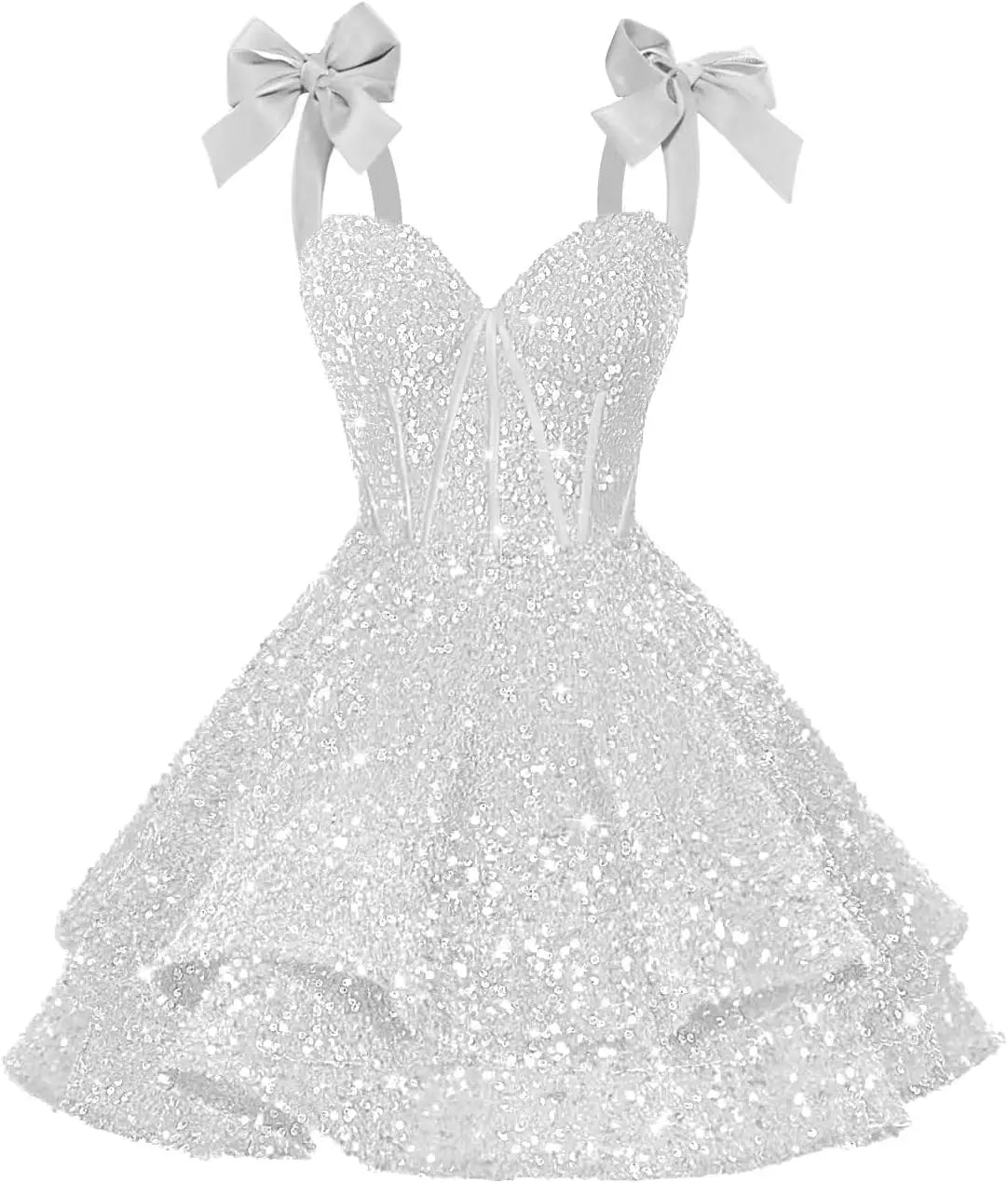 Sparkly Sequin Bows Homecoming Dresses 2026 Short Spaghetti Straps Tiered Satin Sweet Prom Cocktail Dress Graduation Dress