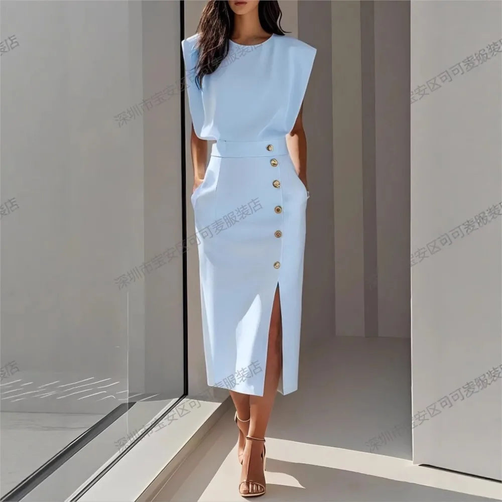 Elegant Ladies Waist Tightening Slit Metal Button Dresses Summer New Slim Hip Sleeveless Pocket Women's Office Dress 2025