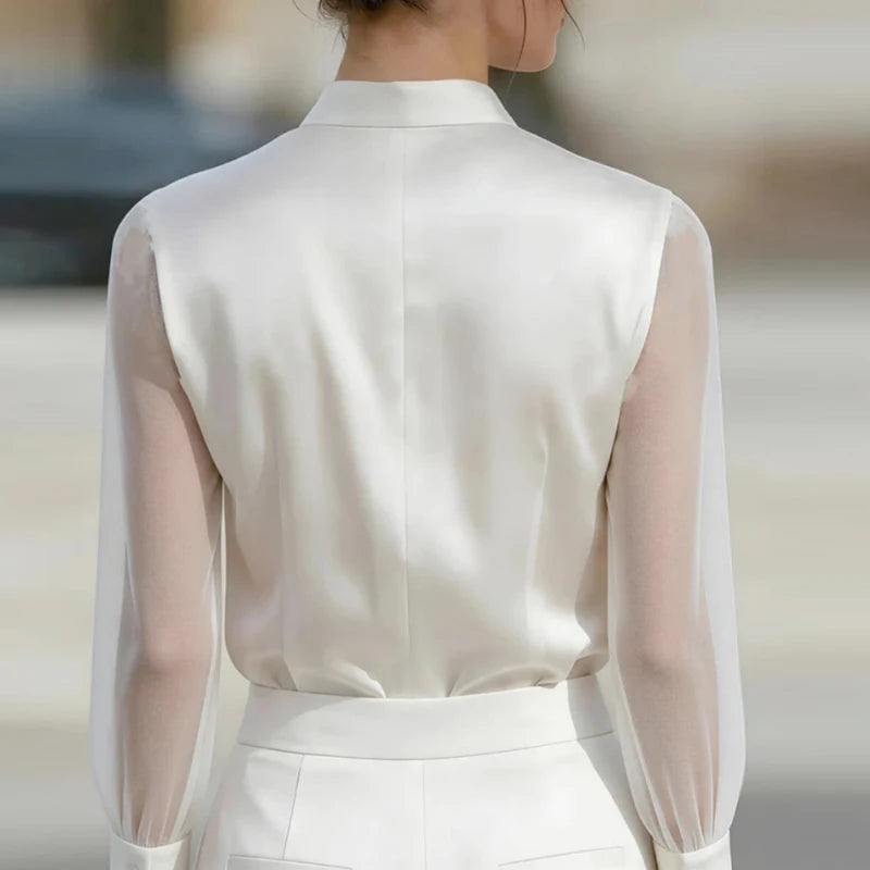 Mesh See Through Fashion Shirts Women Loose V Neck Silk Shirt Women Long Sleeve Blouses White Black Red Pullover Office Tops