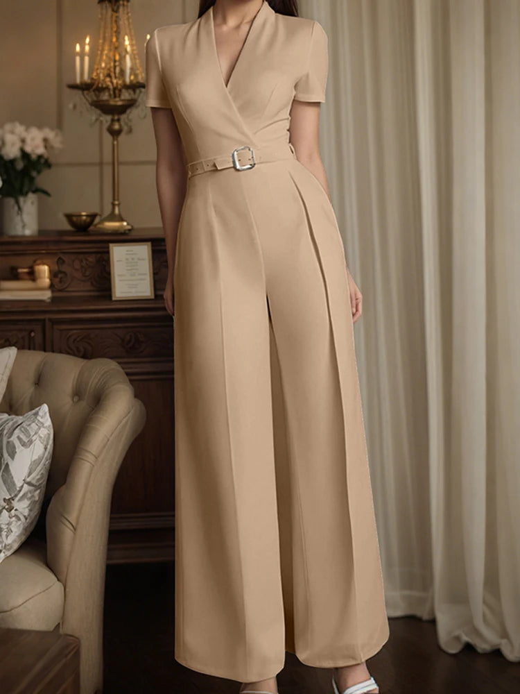 Deep V-Neck High Waist Wide-Leg Belted Jumpsuit
