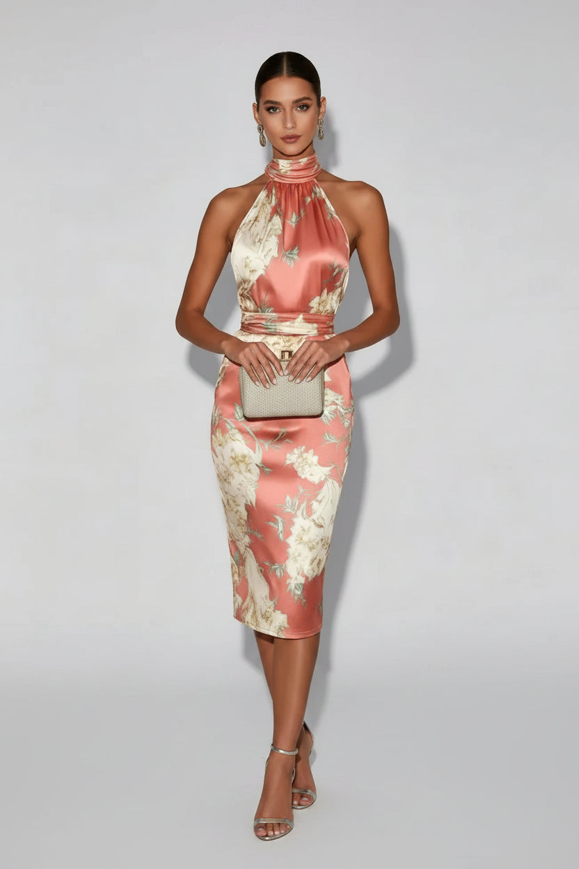 Halter Neck Satin Ruched Pencil Dress