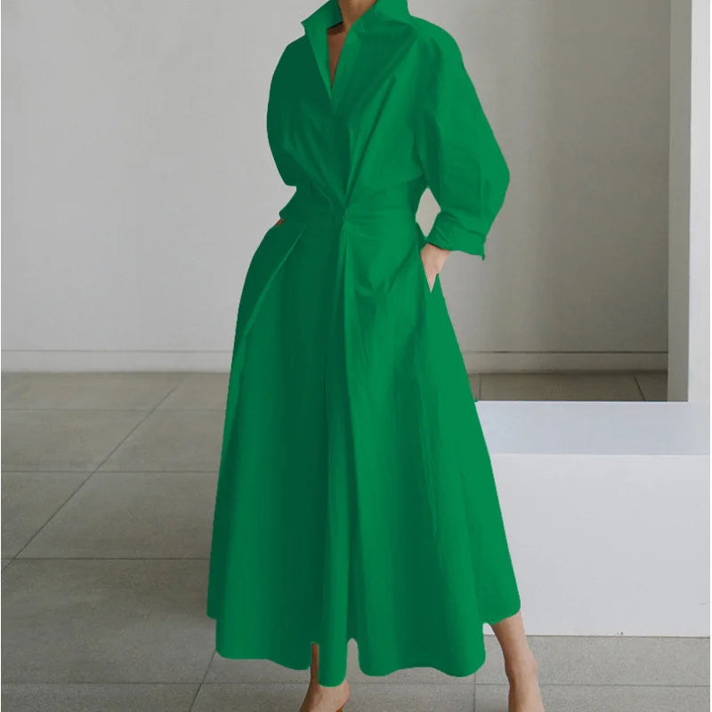 Elegant Women's Shirt Dress Lapel Collar 3/4 Sleeve Belted A Line Midi Dress Casual Office Wear for Women