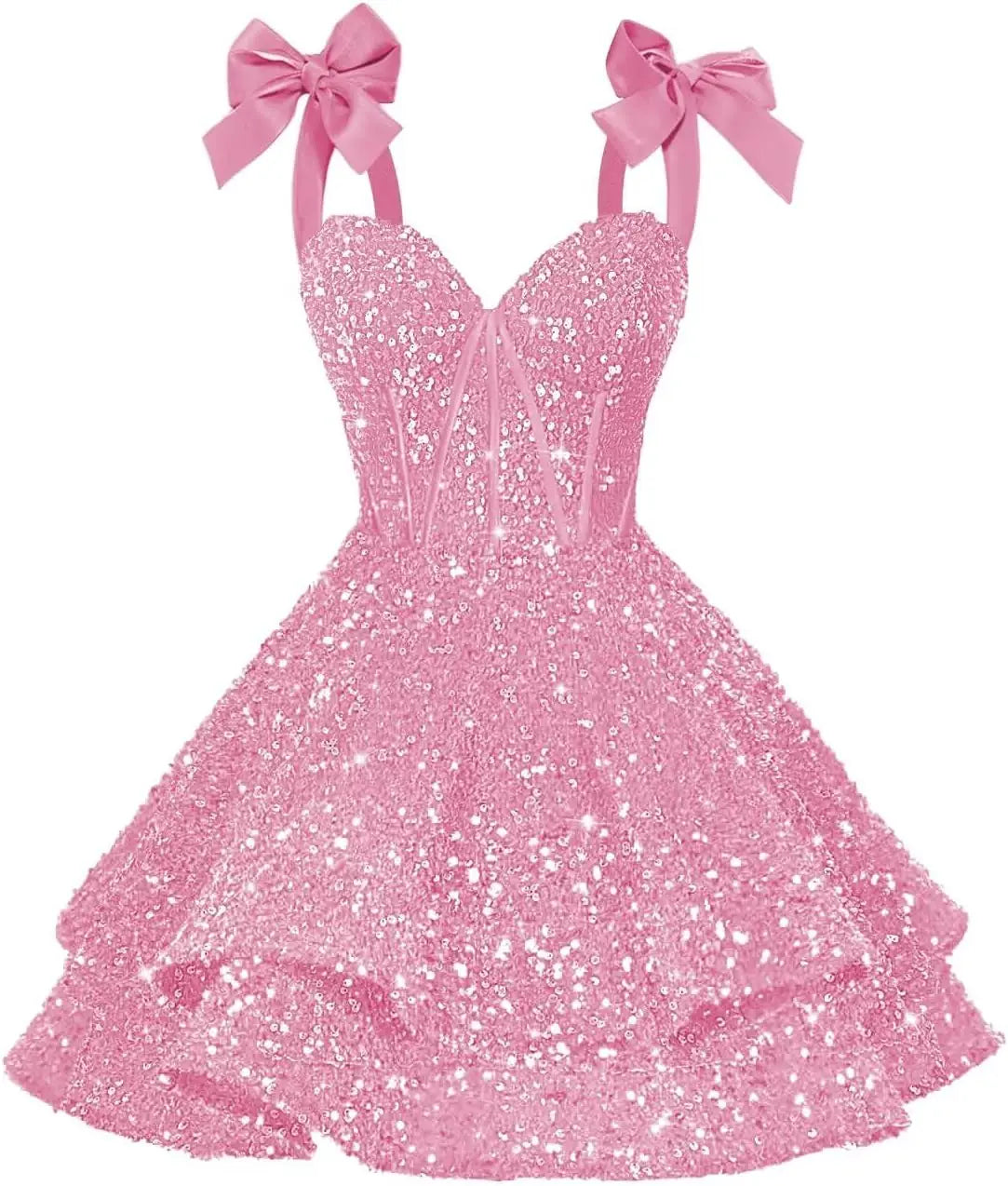 Sparkly Sequin Bows Homecoming Dresses 2026 Short Spaghetti Straps Tiered Satin Sweet Prom Cocktail Dress Graduation Dress