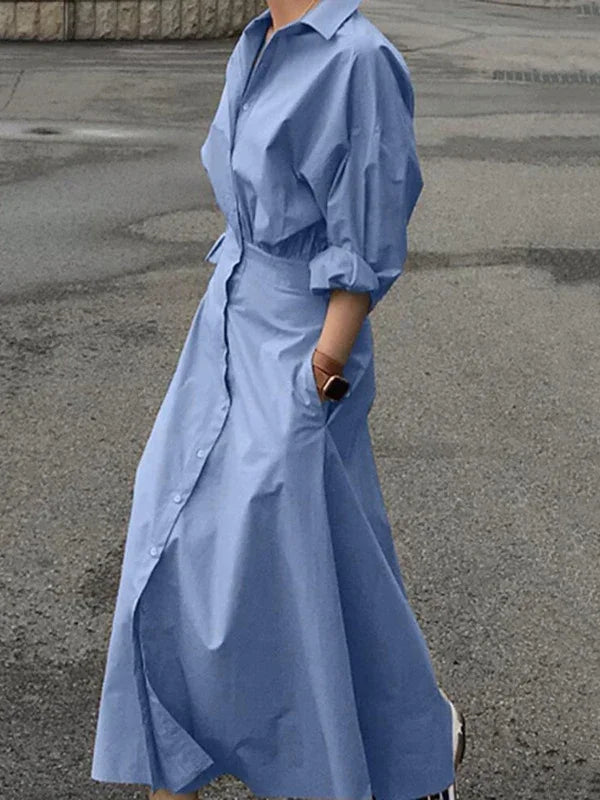Puff Sleeve Casual Maxi Shirt Dress