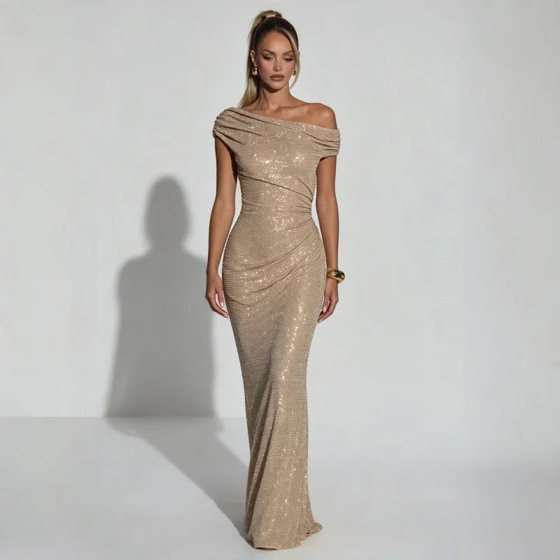 Elegant One-Shoulder Sequin Evening Gown | Backless Slim-Fit Long Dress