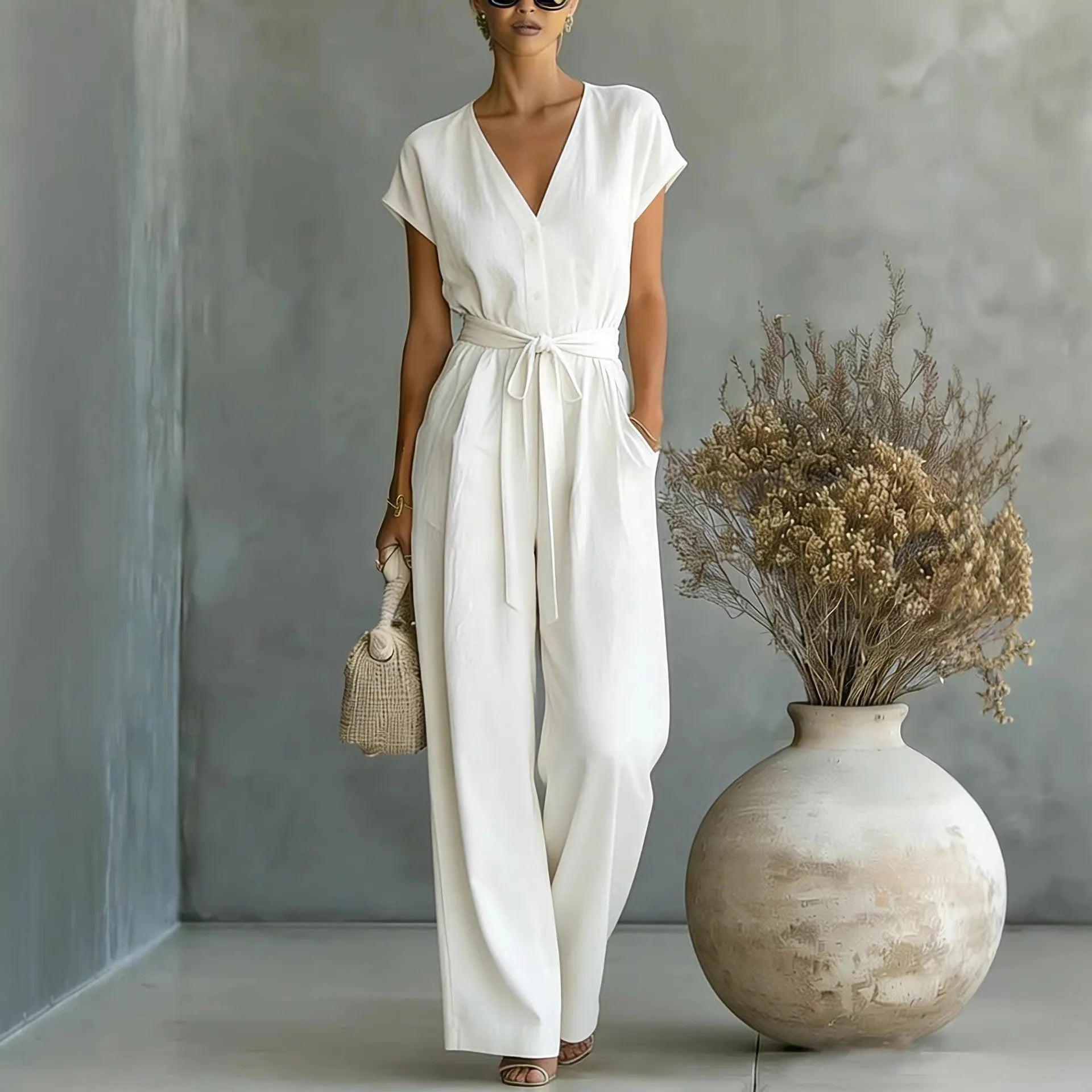V-Neck Button Short Sleeve Lace-Up Wide-Leg Jumpsuit