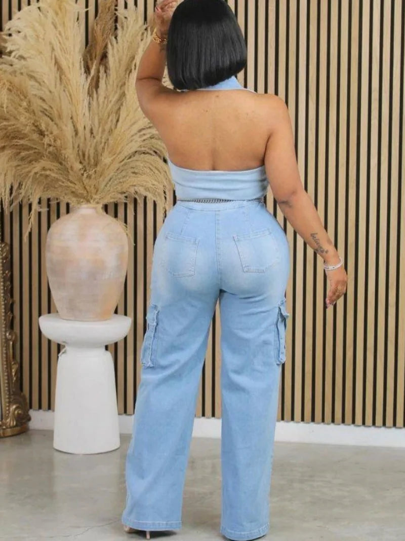 Fashion Denim Cargo Jumpsuits Summer Clothing Women 2026 Sleeveless Backless Straight Jeans Rompers One Pieces Overalls Outfits
