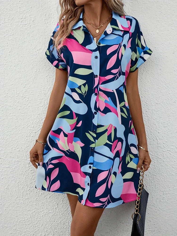 2025 New Summer Everyday Casual Women's Short Sleeve Shirt Dress  Sweet Fashion Single-breasted Dress Floral Print Elegant Dress