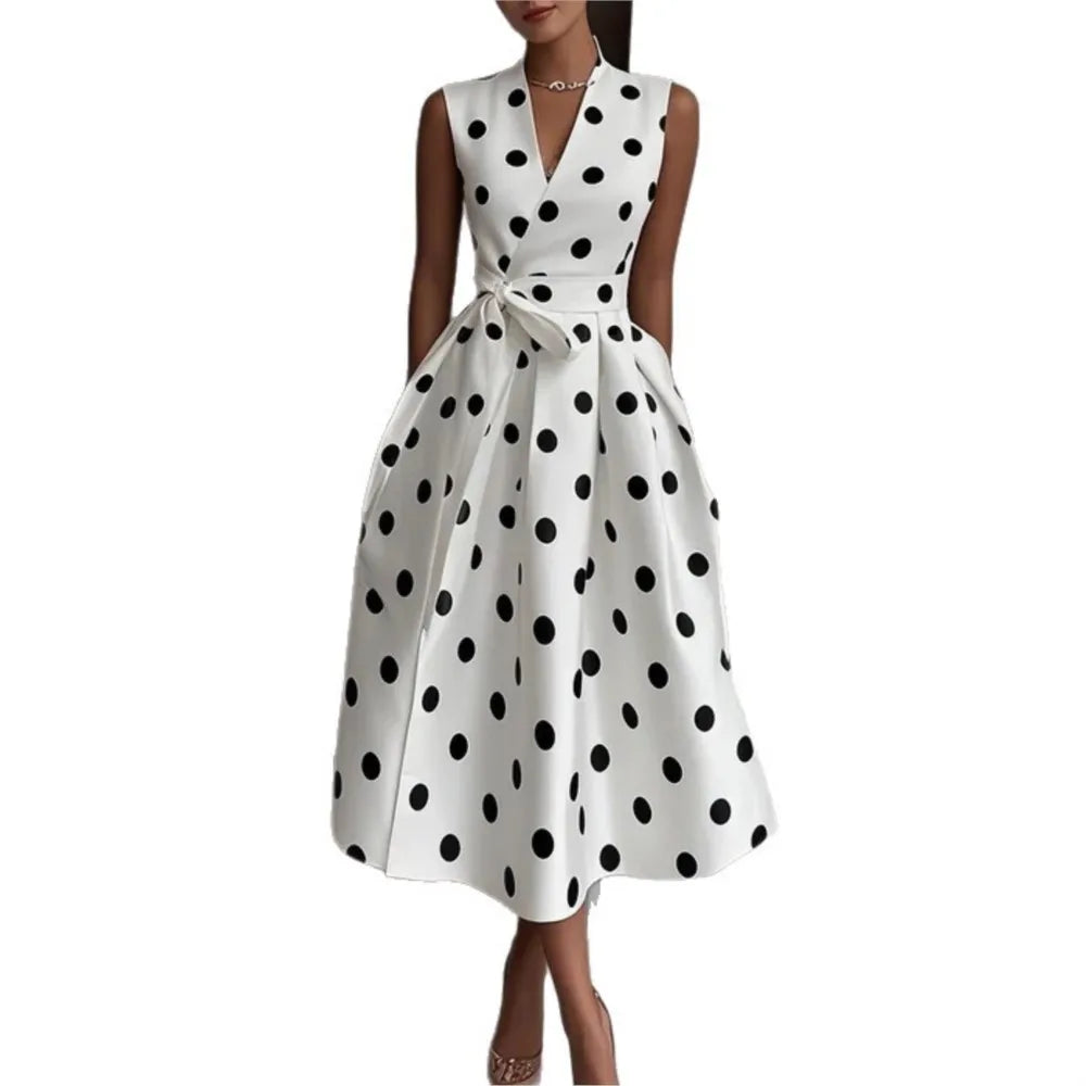 French Polka Dot Dress Summer Women's Fashion Retro Sexy V-neck Sleeveless Waist Tie Bow Long Dress Vestidos De Fiesta Elegantes