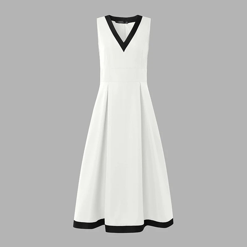 V-Neck Patchwork Waisted Midi Dress