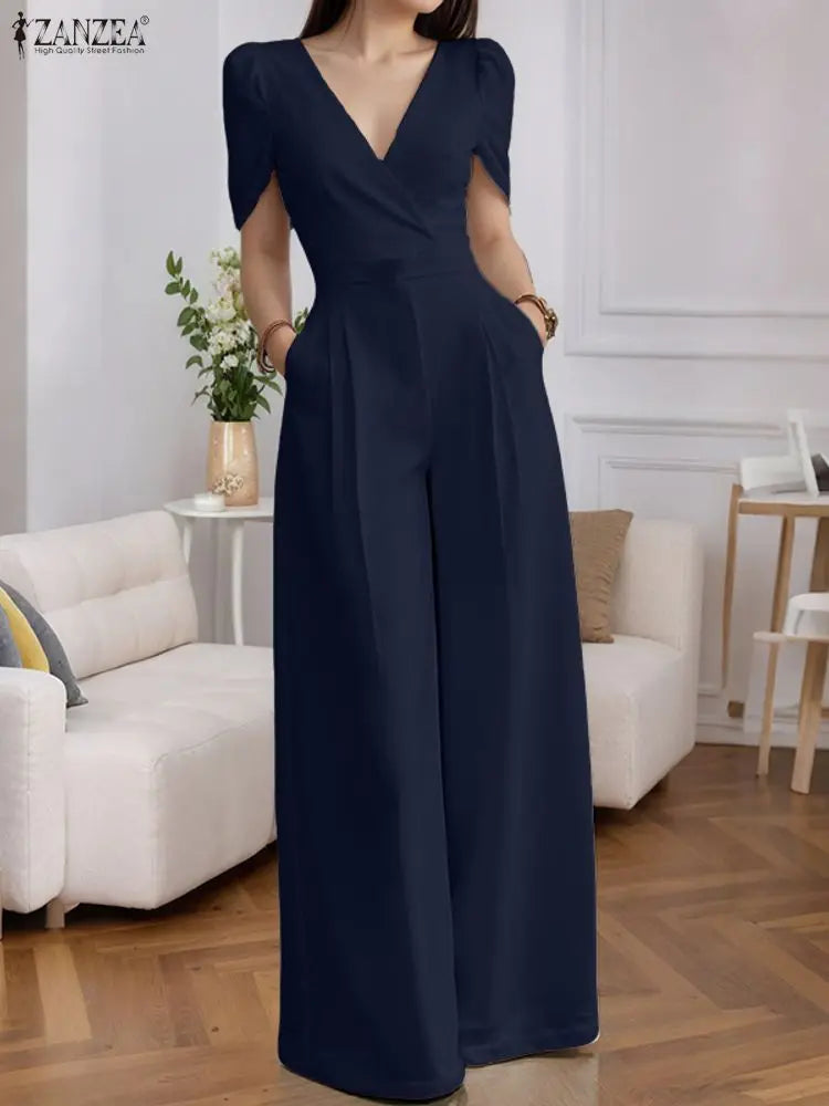 Deep V-Neck High Waist Wide-Leg Belted Jumpsuit