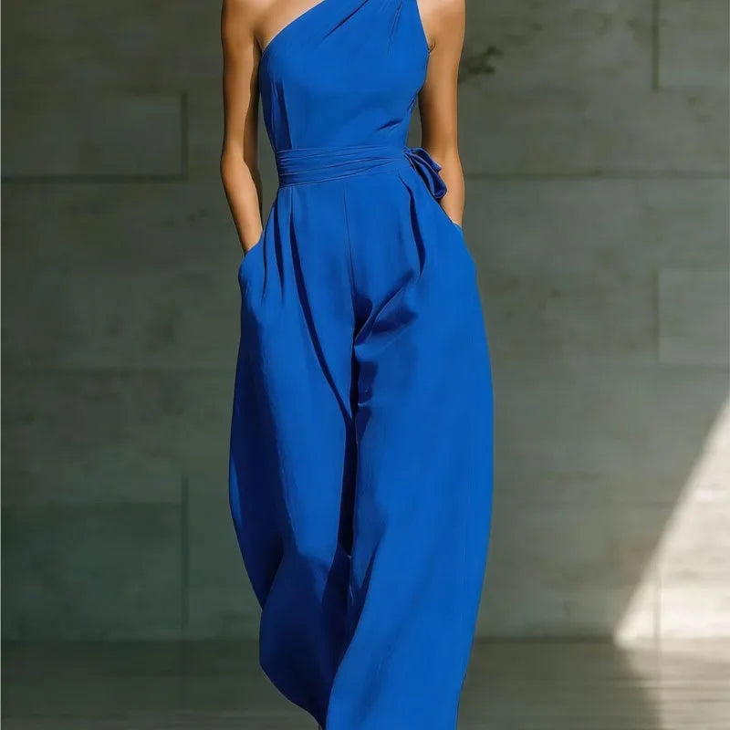 One-Shoulder Draped Lace-Up Wide-Leg Jumpsuit