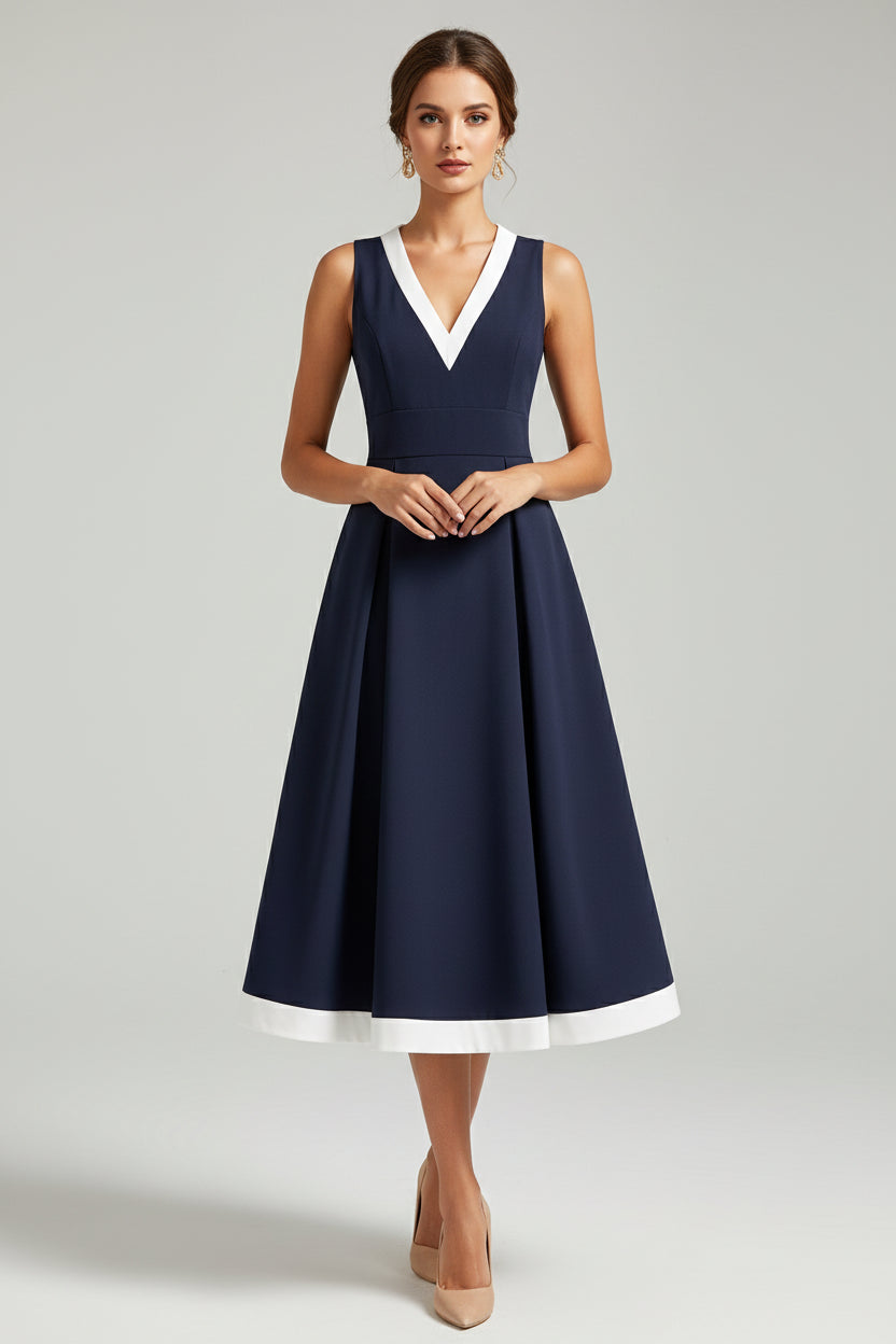 V-Neck Patchwork Waisted Midi Dress