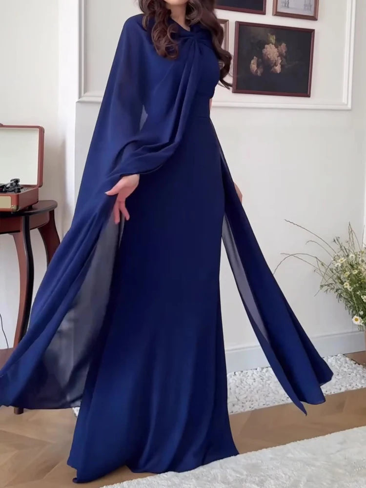 Elegant Women High Waist Banquet Dress Spring Summer New Chiffon Maxi Dress Lady Solid Color Slim Ribbon Ruched Evening Dress